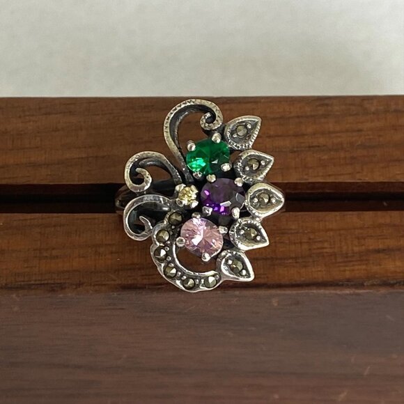 Sterling Silver 925 Multi Colored CZ Marcasite Floral Flower Cluster Ring Sz 8 - Picture 11 of 16